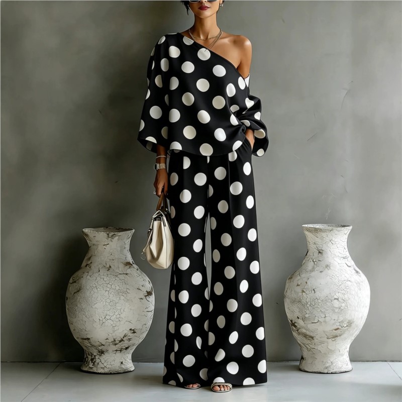 Women's Polka Dot 2 Piece Outf - Blouse Off Shoulder recension och pris