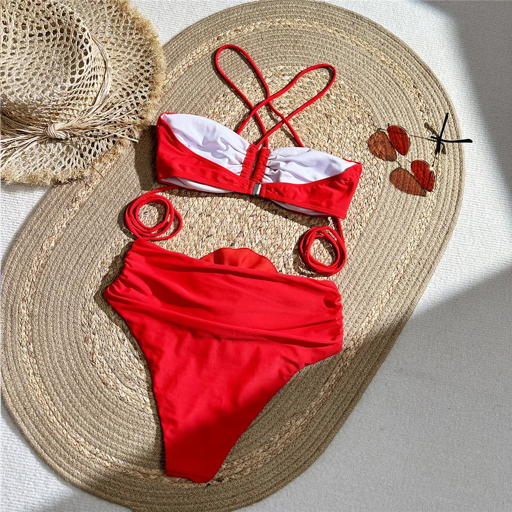 Sexy Red 3D Flower Swimwear Ha - Swimsuit Bikini Ruched recension och pris