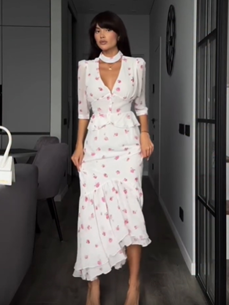 Women White Pink Floral Choker - Midi Skirt Floral recension och pris