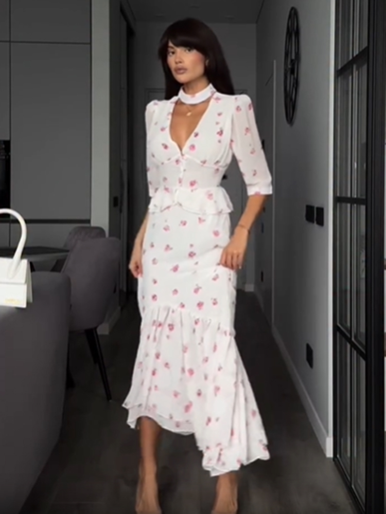 Women White Pink Floral Choker - Midi Skirt Floral recension och pris