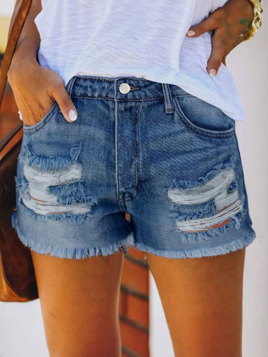 Mid Waist Washed Denim Shorts  - Shorts Denim Frayed recension och pris