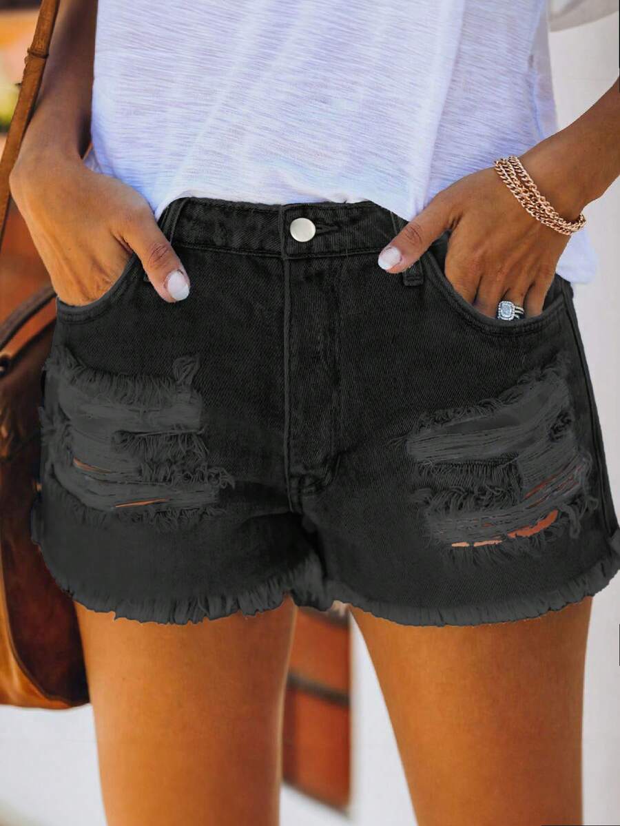 Mid Waist Washed Denim Shorts  - Shorts Denim Frayed recension och pris
