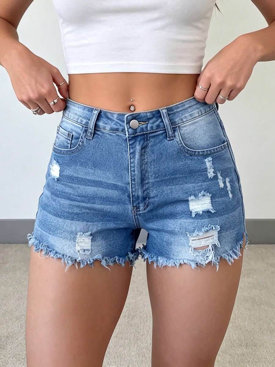 Womens Casual Distressed Denim - Shorts Denim Frayed recension och pris