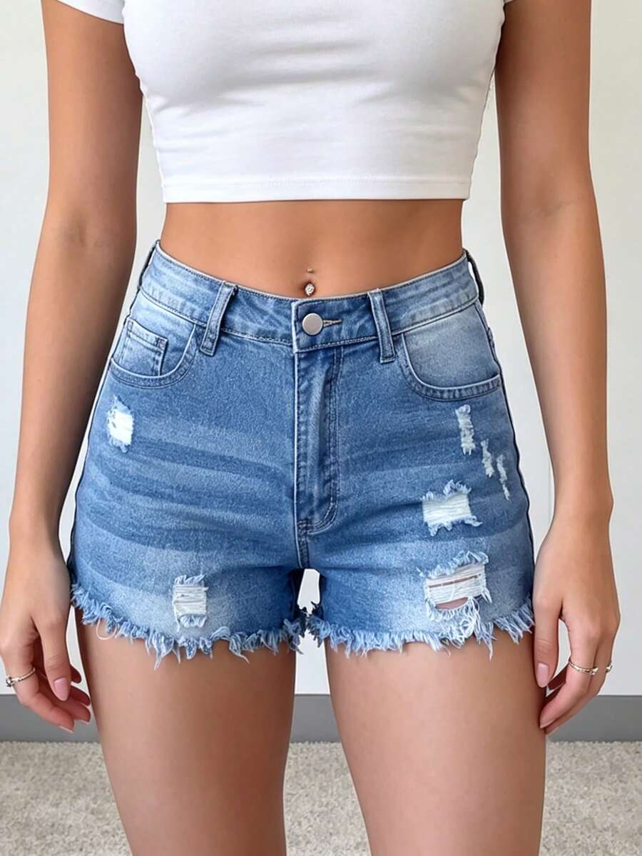 Womens Casual Distressed Denim - Shorts Denim Frayed recension och pris