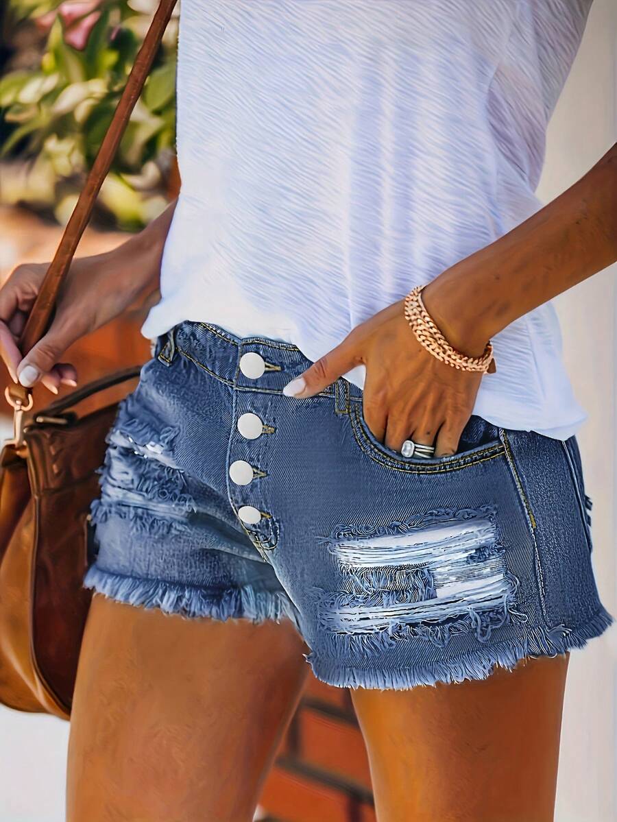 Womens Buttoned Distressed Den - Shorts Denim Frayed recension och pris