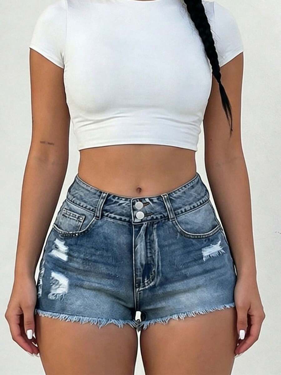 Mid-Rise Womens Denim Shorts W - Shorts Denim Frayed recension och pris