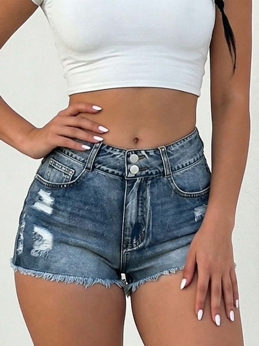 Mid-Rise Womens Denim Shorts W - Shorts Denim Frayed recension och pris